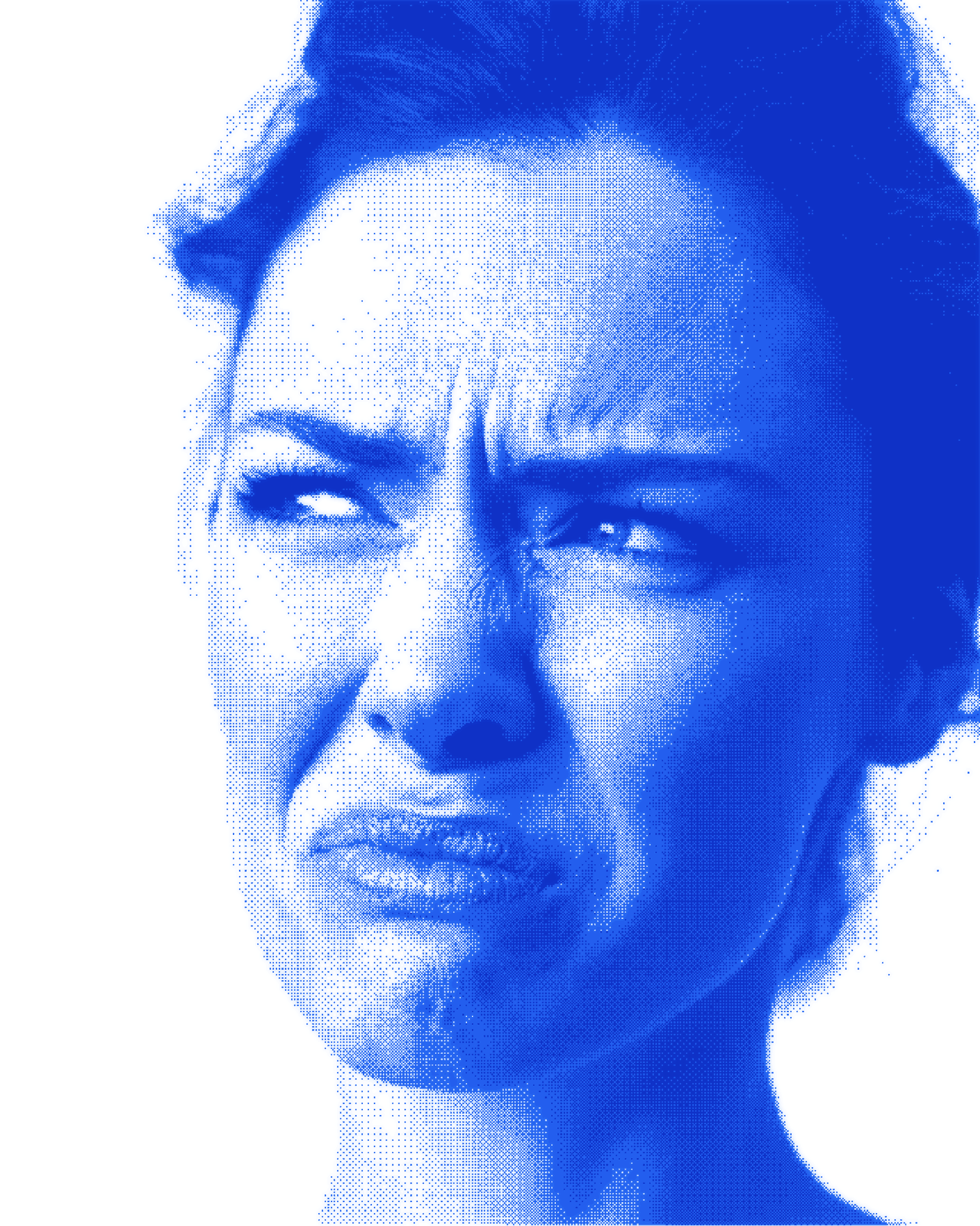 A woman frowning skeptically, brows drawn together and lips pushed up, rendered in blue square dither